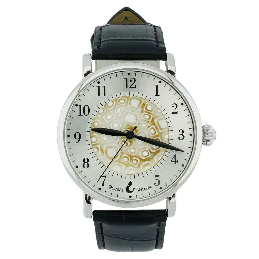 '- Men's GlassOfVenice Watch Band Black Millefiori Leather White and With Murano Glass