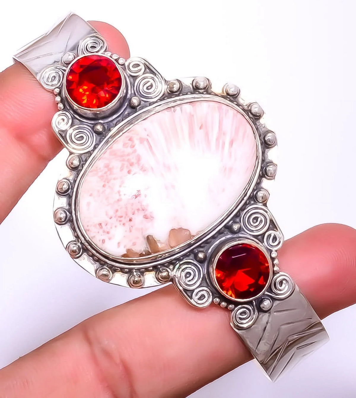 Girls Woman Garnet Adst. Scolecite Gift, Orange - Silver & For T919, Birthday Valentine's Day Beautiful Bali Cuff India & Plated Jewelry Gift, 925