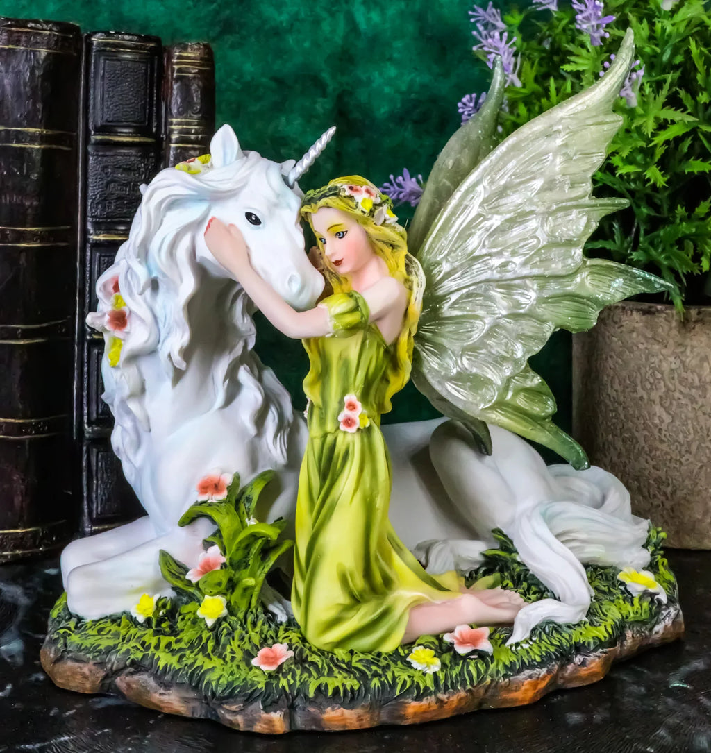 White Figurine Decor Gaia 7"L Rare Unicorn With Green Floral Statue Fairy Earth
