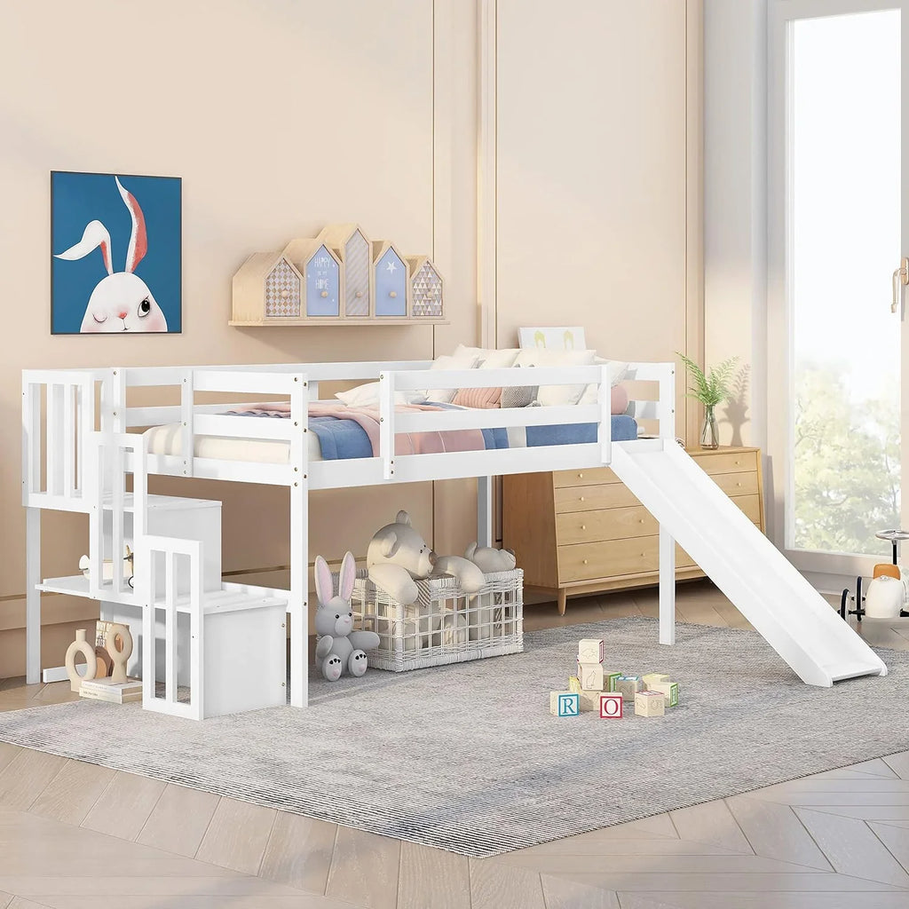 &amp; with Bright Bed Low Wood with for Box No Size NLTBONNIE Stairs Twin Safety Teens Frame Rail Loft Bed (White) Loft Harper Designs and Needed Slide Toddlers Spring