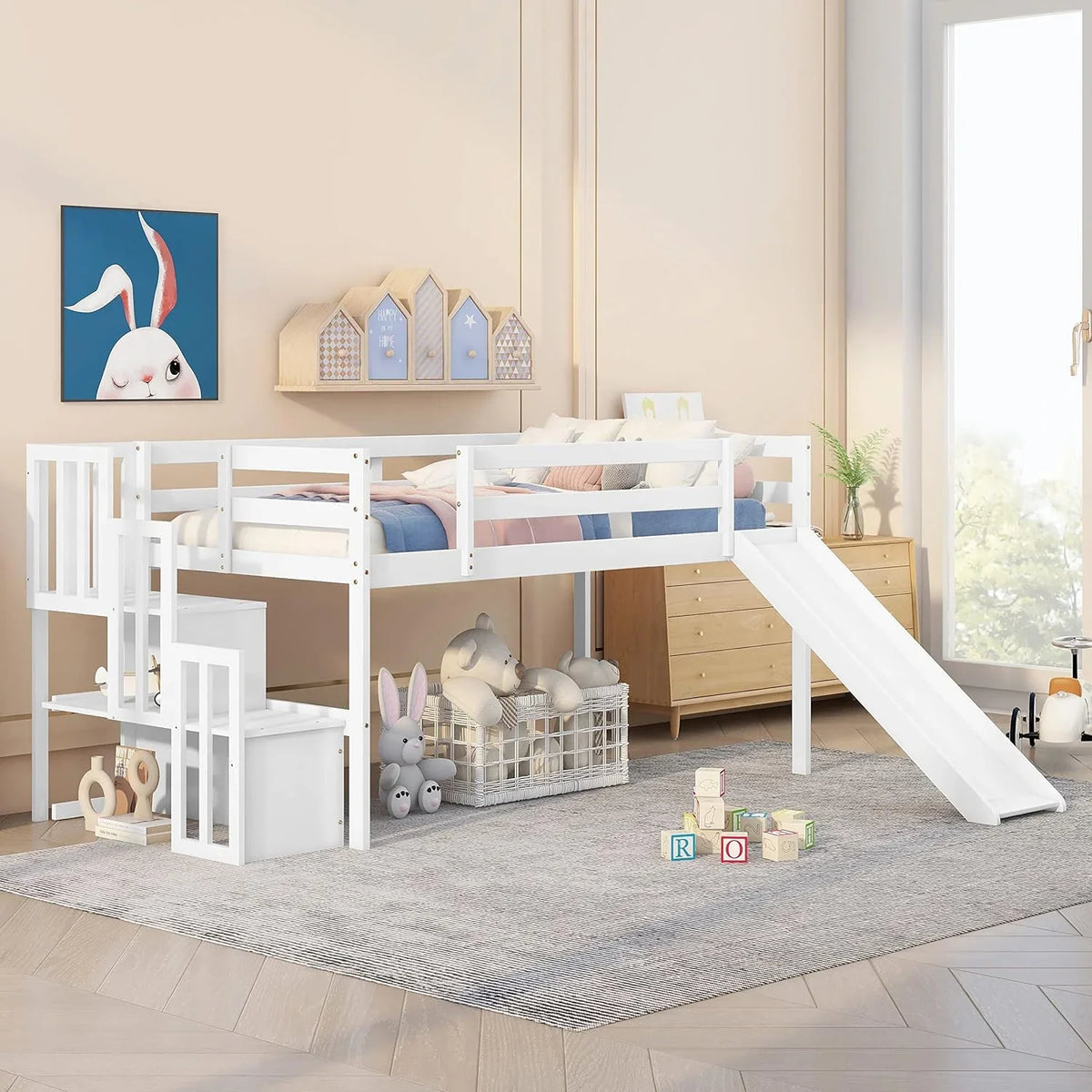 &amp; with Bright Bed Low Wood with for Box No Size NLTBONNIE Stairs Twin Safety Teens Frame Rail Loft Bed (White) Loft Harper Designs and Needed Slide Toddlers Spring