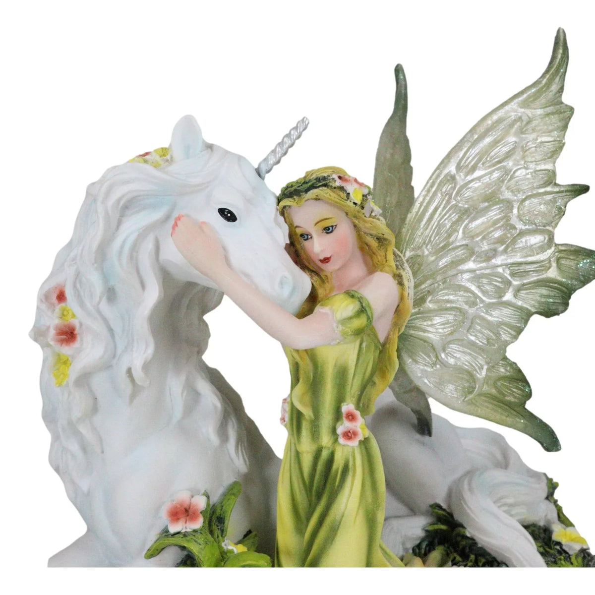 White Figurine Decor Gaia 7"L Rare Unicorn With Green Floral Statue Fairy Earth