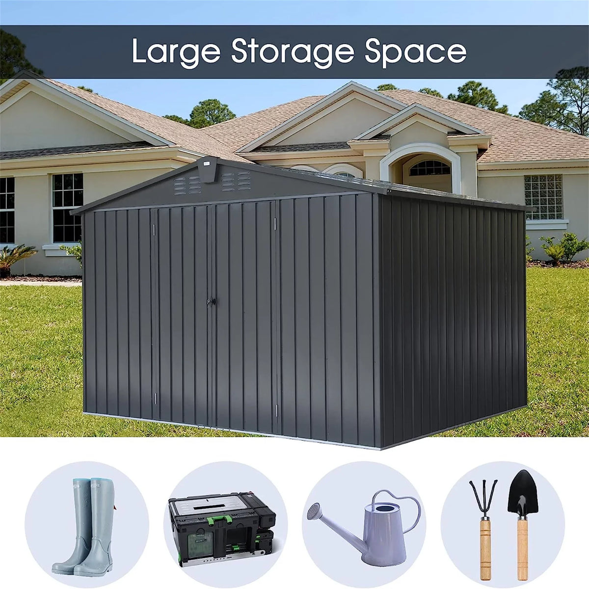 Door Bike, Metal Tools, Shed Patio, 10'X Backyard, Outdoor Steel Lawn with Black) Storage Cabinet Outdoor Storage Trash for for Homiyad (10X8ft, Galvanized Shed Garden Lockable Can, 8',