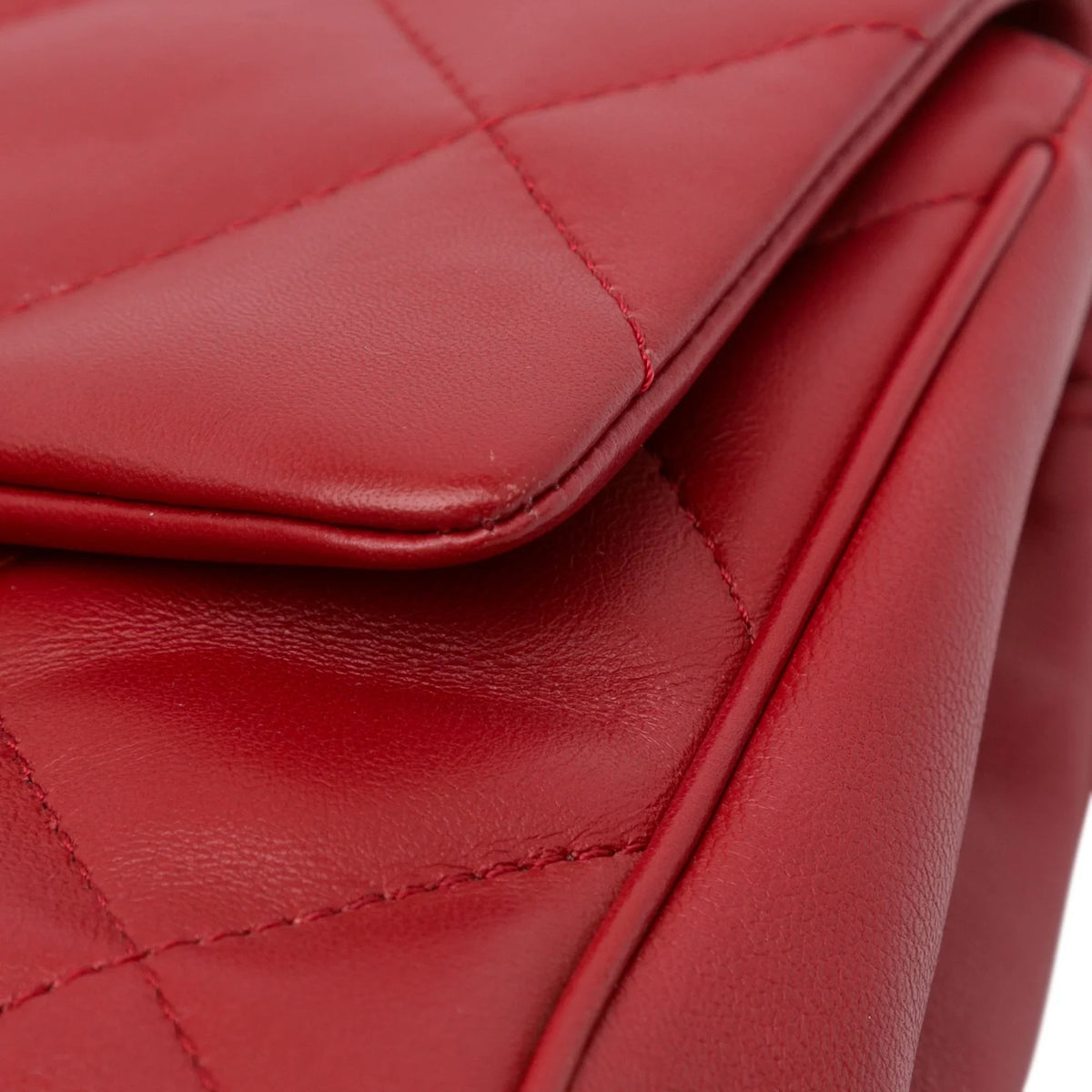 Lambskin Small (Good) Satchel Authenticated Red Flap Unisex Bag Chanel Leather Carry Easy Pre-Owned