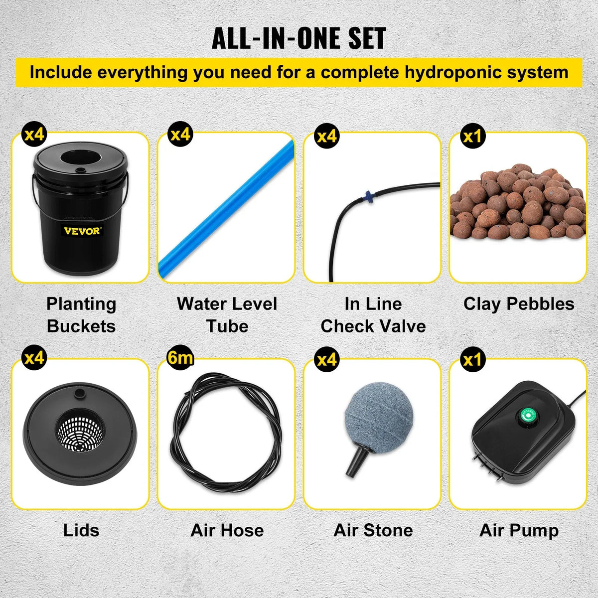 DWC Leafy Water Kit, Pump, Stone Grow Vegetables Indicator for 4-Bucket 5-Gallon, & Hydroponic System with Level Indoor/Outdoor VEVOR Air