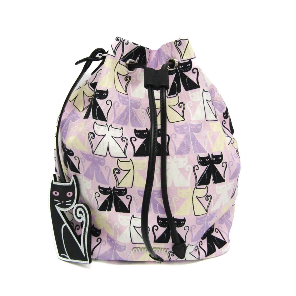 Women's Drawstring Miu Pouch Black,Light CANAPA Miu Bag (Good) 5RM014 Pre-Owned CATS Purple,Multi-color Leather,Cotton