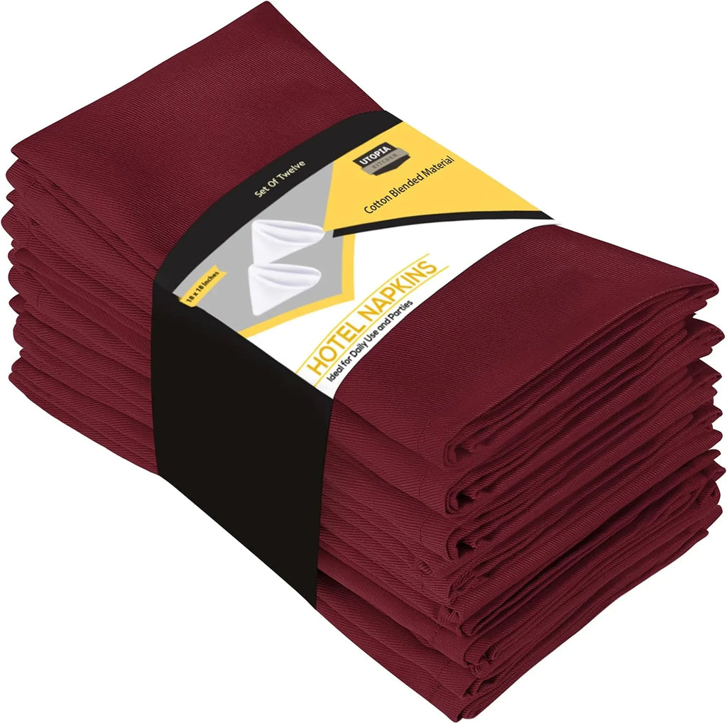 Lunch, Weddings, Washable Restaurant, 18x18 Inch] Cotton Blend Burgundy Hotel, Table [12 Pack, Reusable Inch Napkins Dinner and for Napkins 18x18 Kitchen Cloth Parties Event and Utopia Burgundy