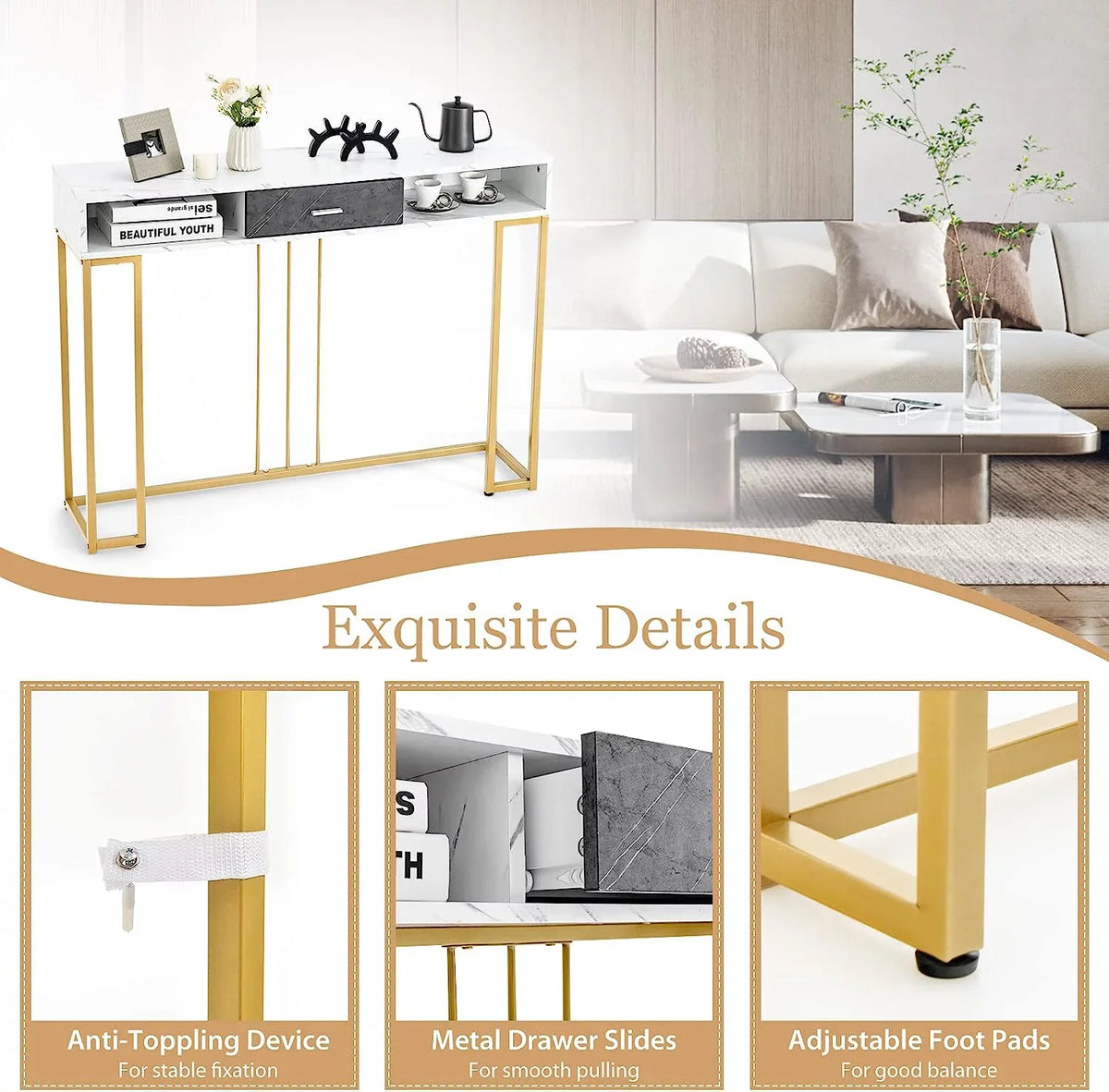 Table Room &amp; Living Entryway Pads Device with Kitchen NLTBONNIE Table Faux Ent Hallway Adjustable for Sofa with Foyer - Room Dining Anti-Toppling Foot &amp; Drawer Marble Console