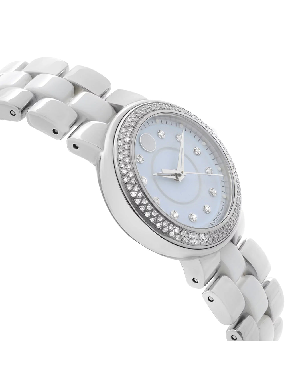 White Quartz Watch Cerena Movado Bezel Pre-Owned Diamond 28mm Ladies Steel Ceramic 0606931