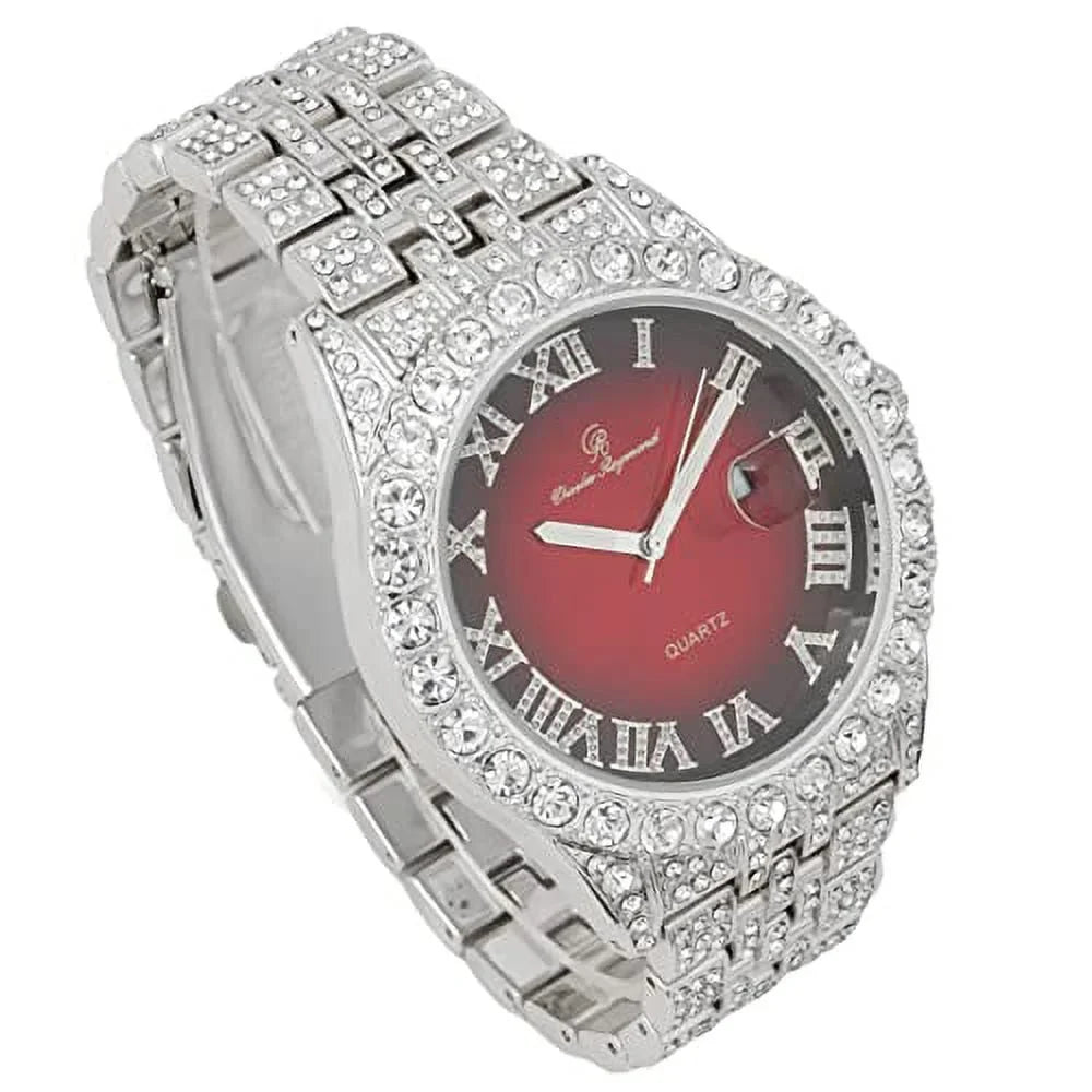 Blinged Hop Fully Out Silver Designer Hip Charles Mens Dials- w/Roman Date and Watch RED Numerals Rocks Colorful ST0226RND Iced Cuban Big w/Easy Timepiece Out - Read Raymond