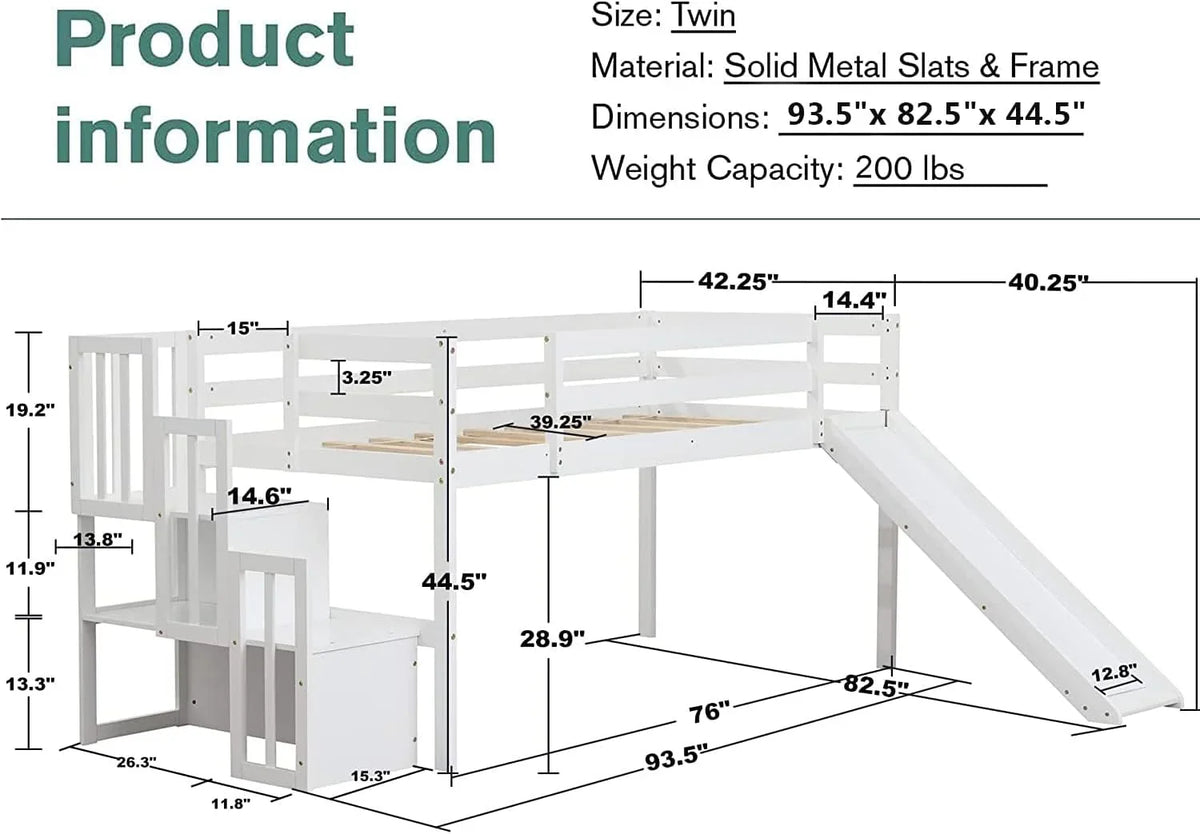 &amp; with Bright Bed Low Wood with for Box No Size NLTBONNIE Stairs Twin Safety Teens Frame Rail Loft Bed (White) Loft Harper Designs and Needed Slide Toddlers Spring
