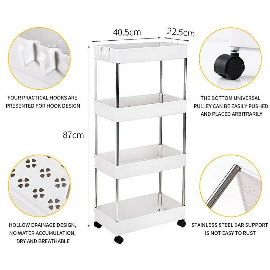 with 4 for Kitchen, Wheels, Storage Room, Plastic SYTHERS Steel, Bathroom, Cart White Stainless Utility Rolling with 4-Tier Laundry hooks, and Cart