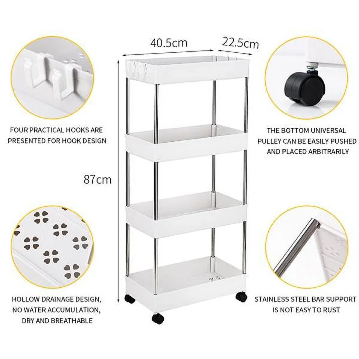 with 4 for Kitchen, Wheels, Storage Room, Plastic SYTHERS Steel, Bathroom, Cart White Stainless Utility Rolling with 4-Tier Laundry hooks, and Cart
