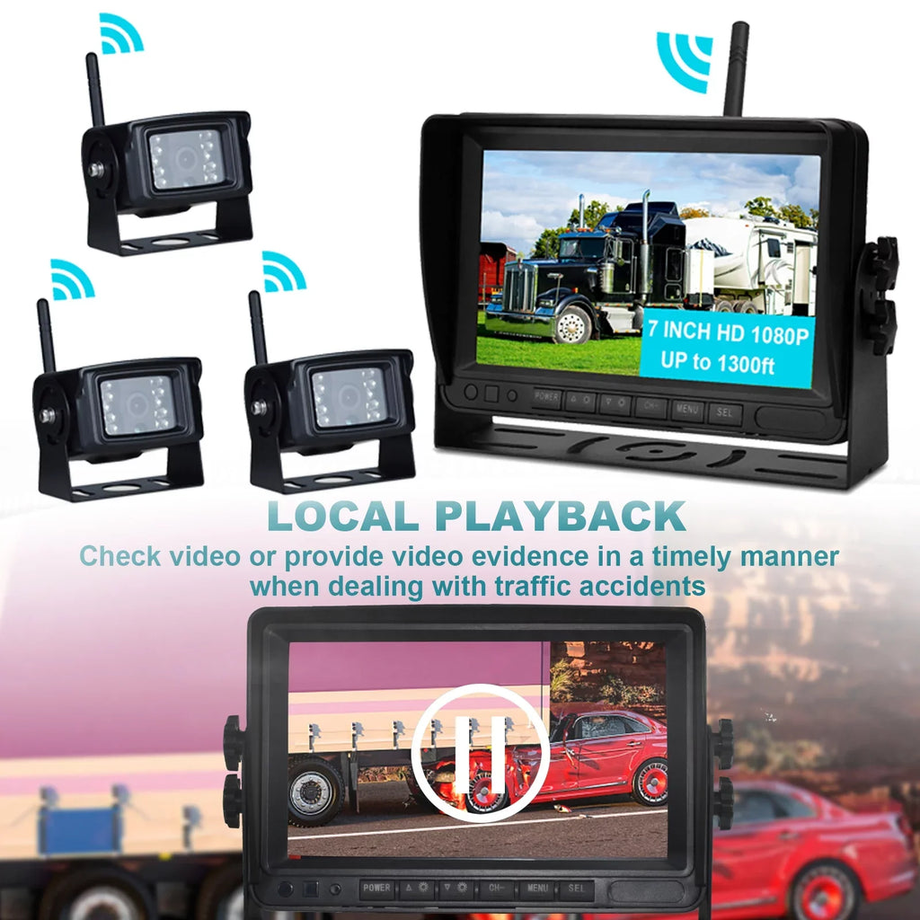 Camera Kit View Wireless AHD Rear Backup 7" 1080P for 3CH Display Trailer Truck