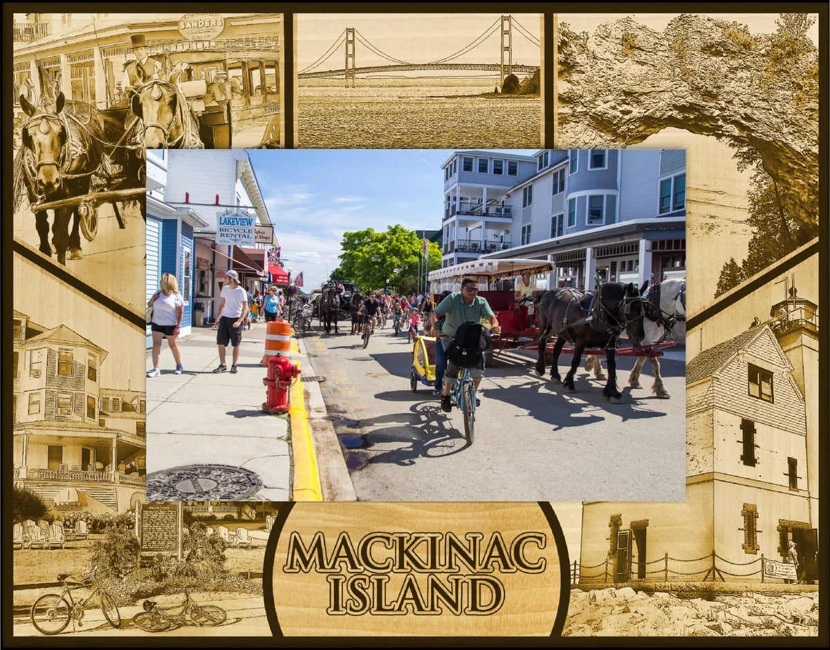 Picture (8 Wood Frame x Michigan Mackinac Engraved 10) Island Landscape Laser