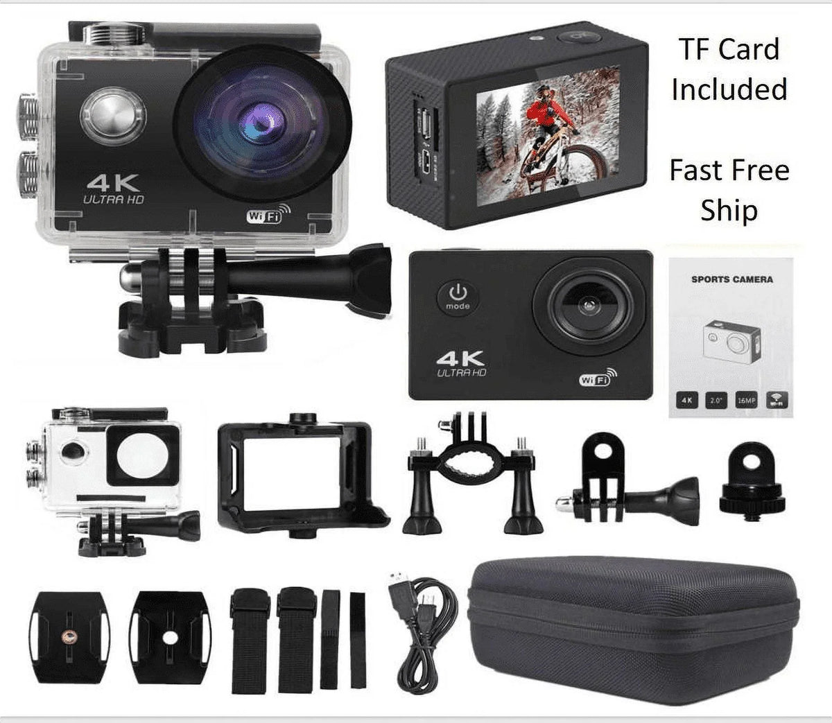 Carry Camera HD Battery, Card, 30M Camera Action Under 1080P Included Sports TF Waterproof, Case