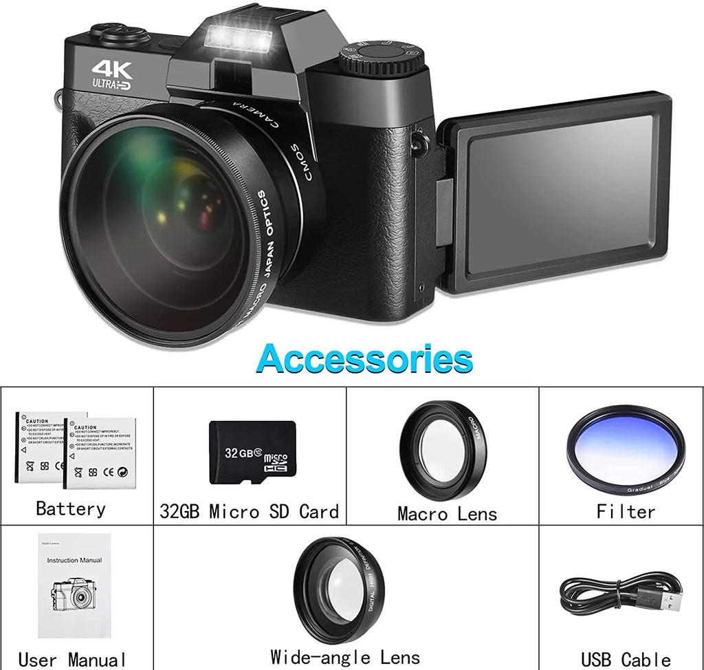 and GB Camera,Digital Photography,4K Camera Flip Vlogging 180° Batteries(Black) with 48MP Lens,Macro Digital for Kids Card,2 Lens,32 for Adults Camera Micro Screen,Wide-Angle