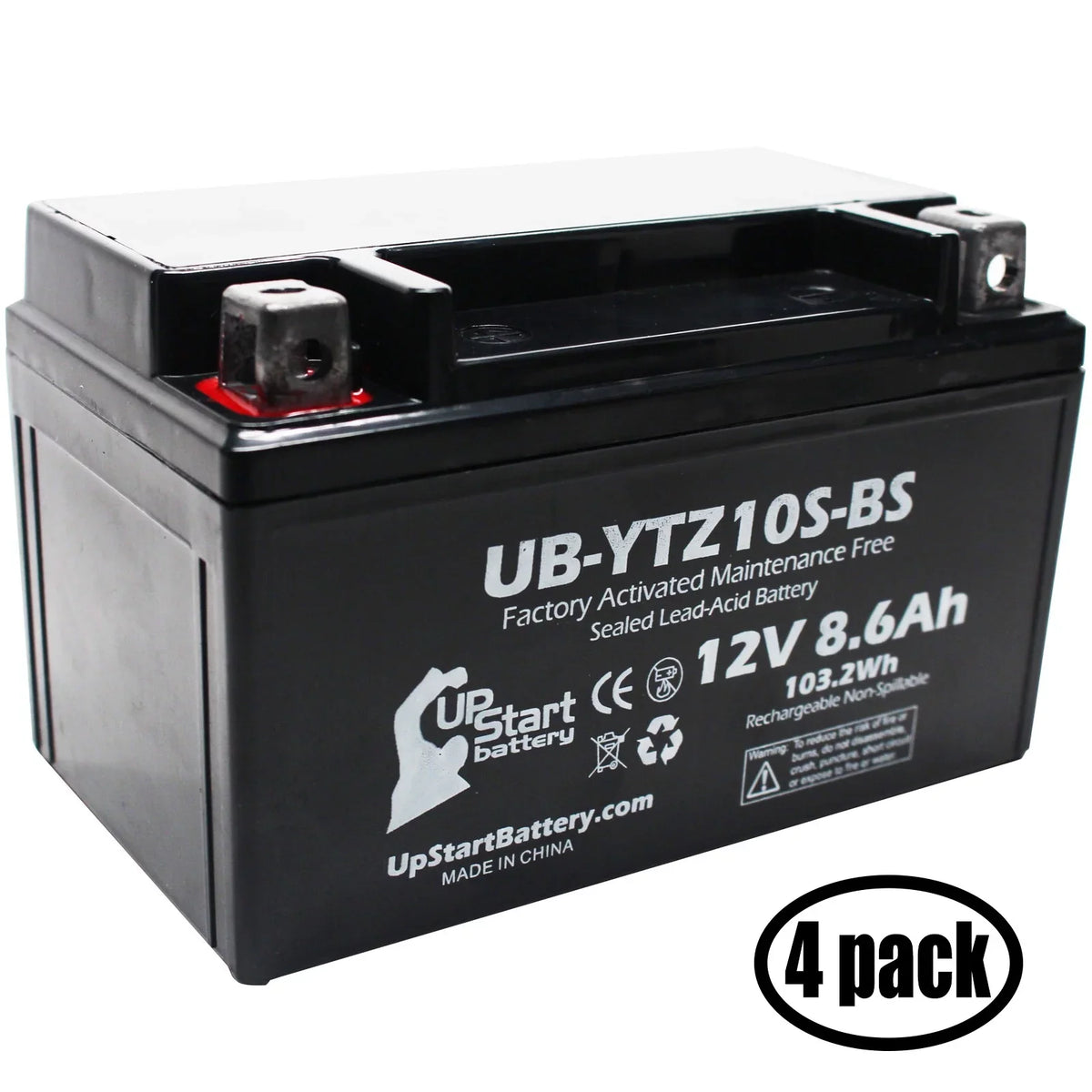 for Free, Activated, 2010 Replacement UB-YTZ10S-BS Factory Yamaha 8.6Ah, UpStart 12V, YZF-R1 Battery 4-Pack 1000CC Maintenance Motorcycle - Battery