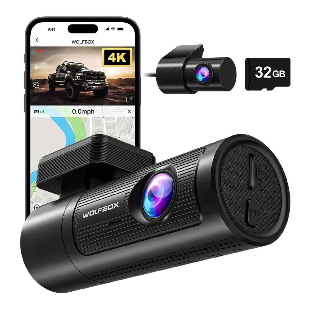 4K GPS Front Card, DashCam Front Rear, and Dashcam with Rear 32G Car 1080P Vision, Night WOLFBOX UHD Recording WDR, and WiFi, & Dash Free with Loop Cam