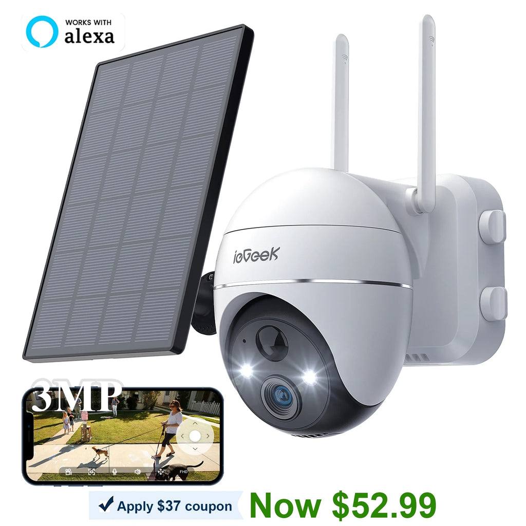 Wireless Detection, Spotlight, Vision, Solar Surveillance Outdoor Home Motion with View Night Security Solar PIR Powered Alexa WiFi 360° Cameras Camera, Color PTZ Outdoor, Battery 2K/3MP Work