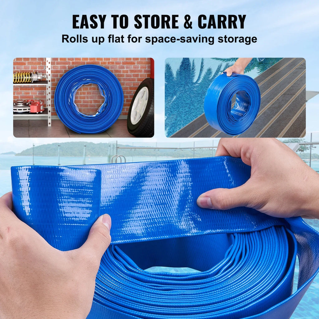 Pool Premium Lay and Chemical Weather x Flat 50' PVC Filter Discharge Backwash Clamps Hose Swimming 2'' BENTISM Blue Hose Resistant with