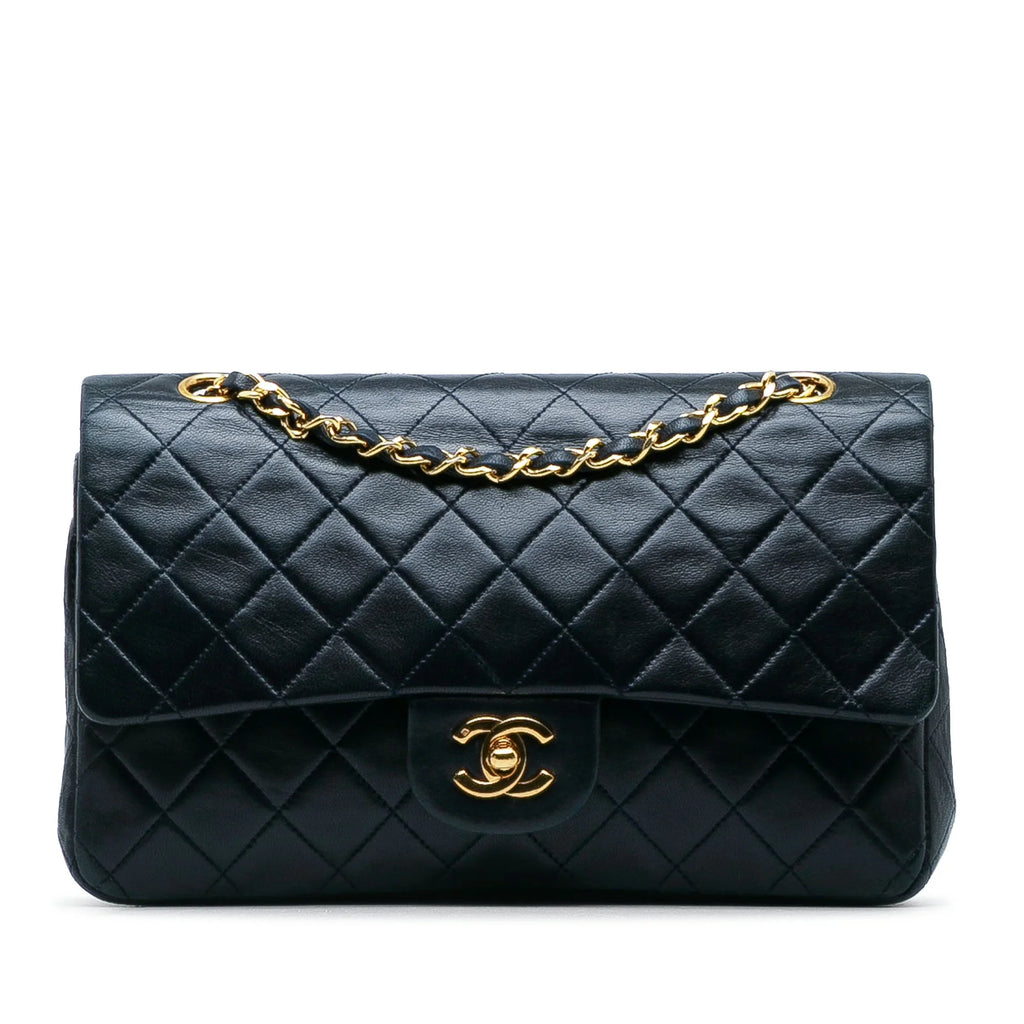 Lambskin Leather Medium Bag Unisex Pre-Owned Authenticated Flap (Good) Double Shoulder Blue Classic Chanel