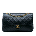 Lambskin Leather Medium Bag Unisex Pre-Owned Authenticated Flap (Good) Double Shoulder Blue Classic Chanel