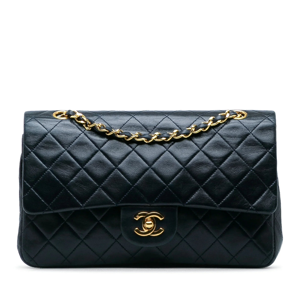 Lambskin Leather Medium Bag Unisex Pre-Owned Authenticated Flap (Good) Double Shoulder Blue Classic Chanel