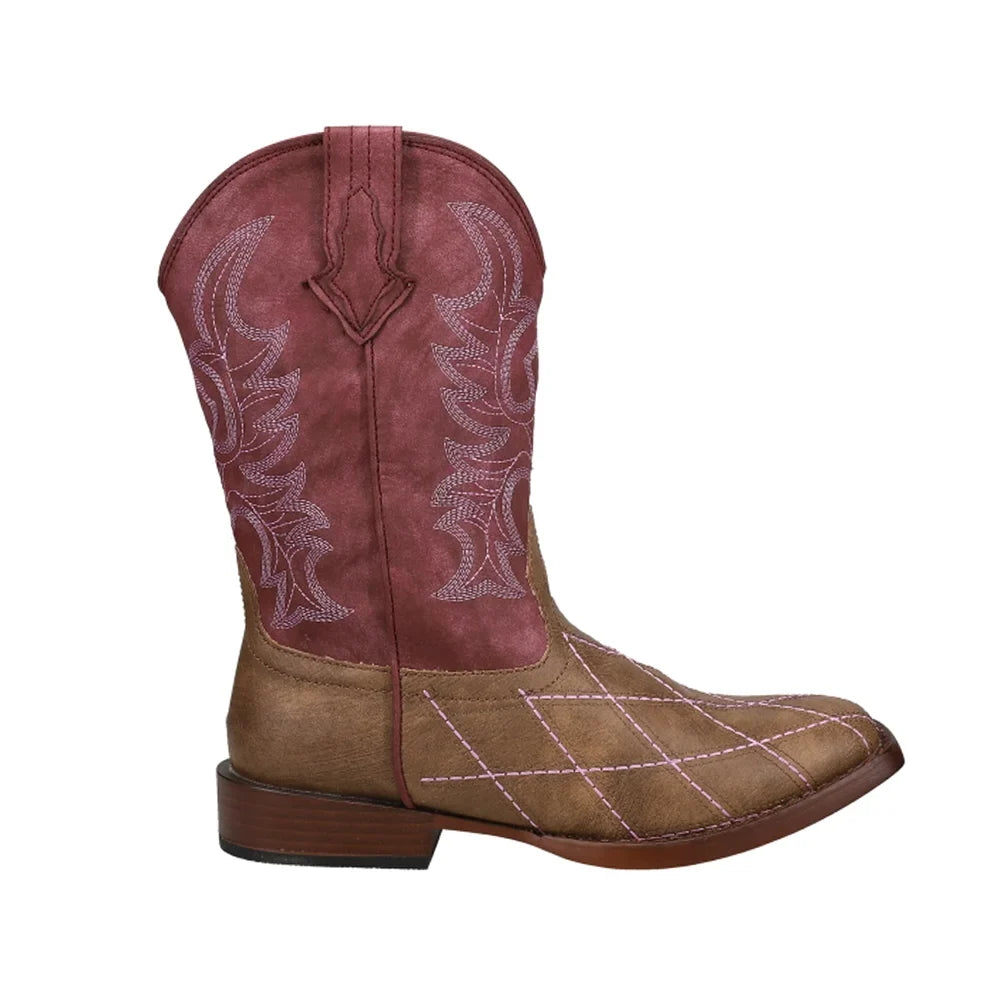Round Cut Roper Mid-Calf Cross Toe Cowboy Western Kids Girls Boots