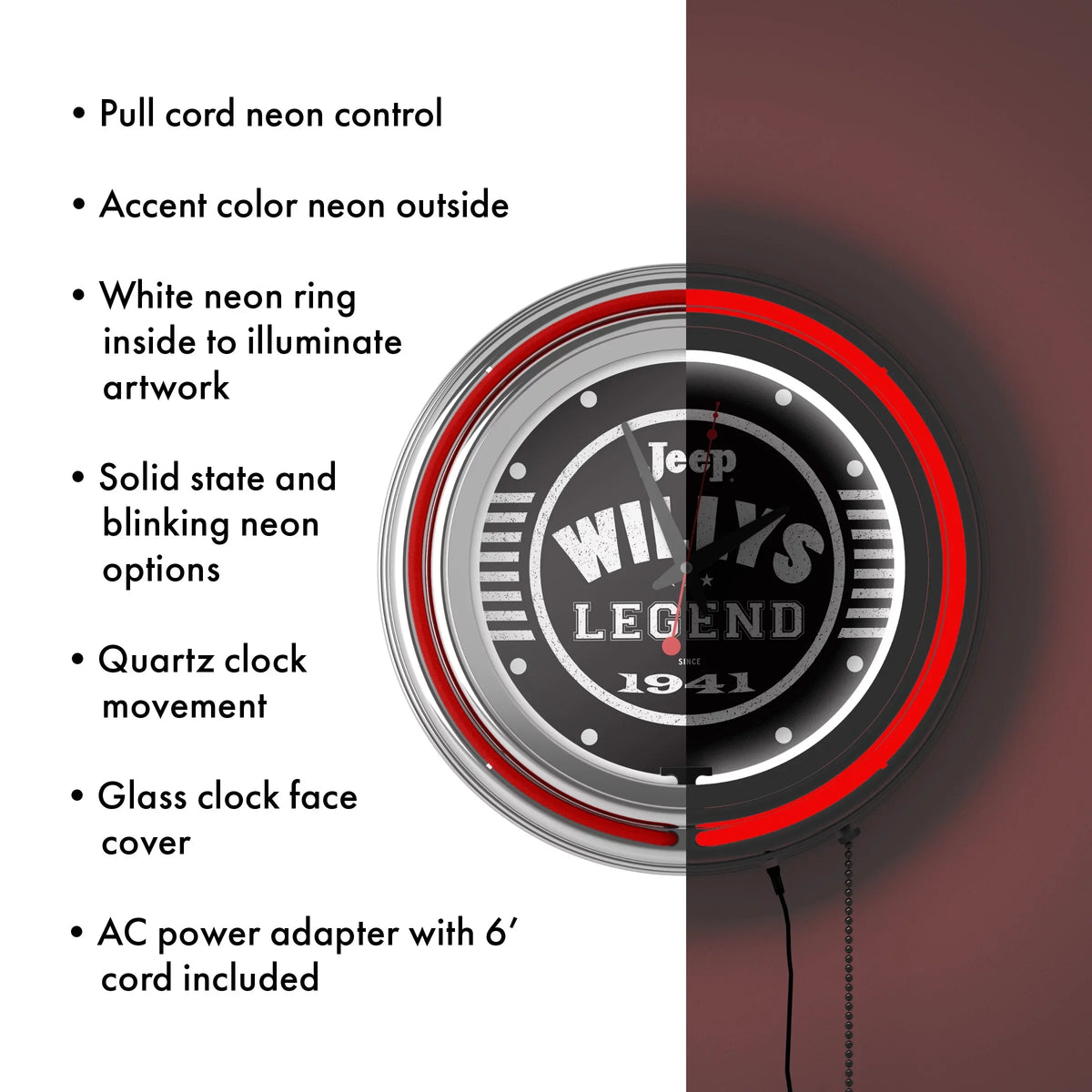 (Red) Accessories Pull Neon with or Willys Double Clock-Jeep Man Wall Clock Legend Cave Chain-Pub, Rung Analog Garage, Black