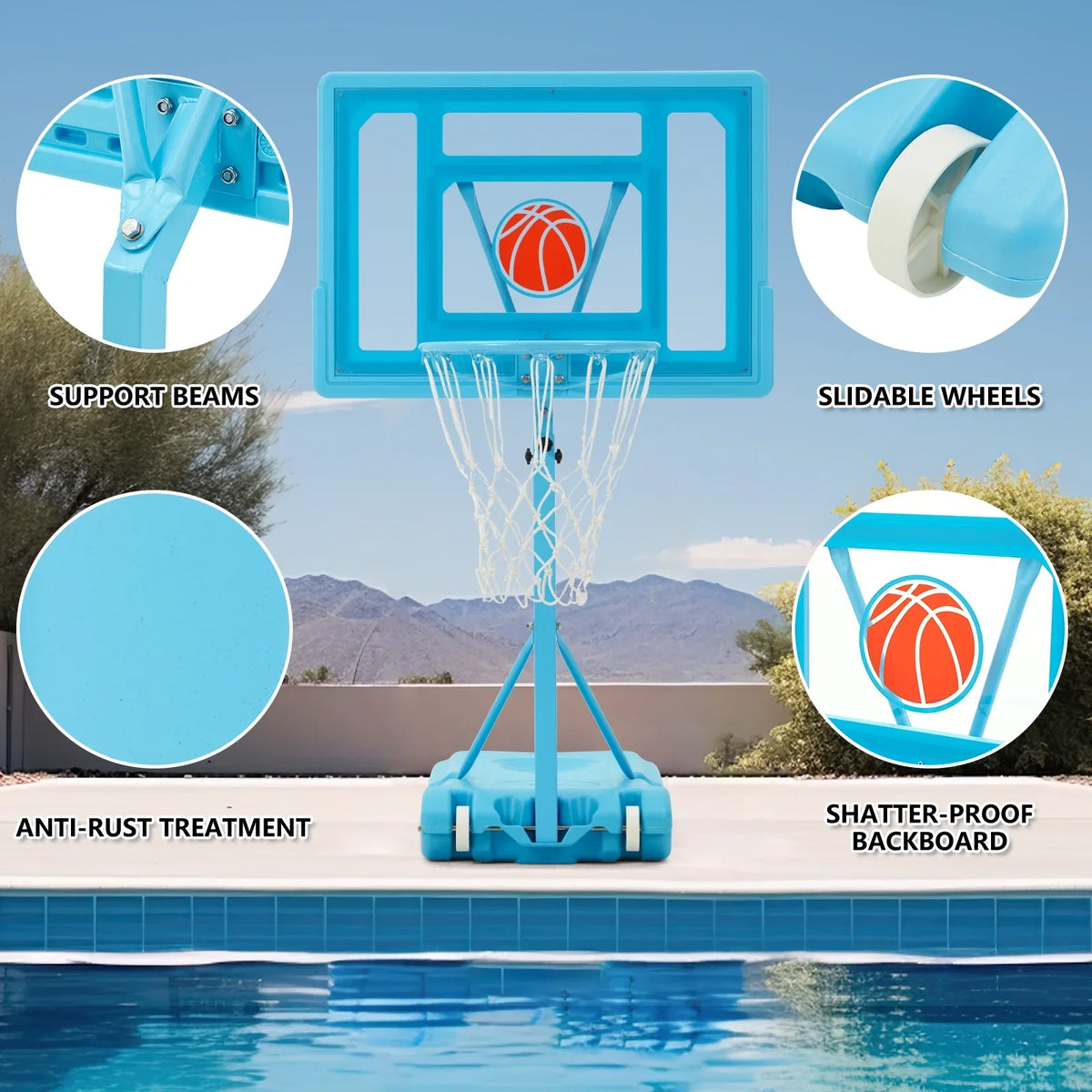 Ball, 44" Danrelax Basketball Backboard, Blue Hoop with 32"x23" 5 Size Pool PVC