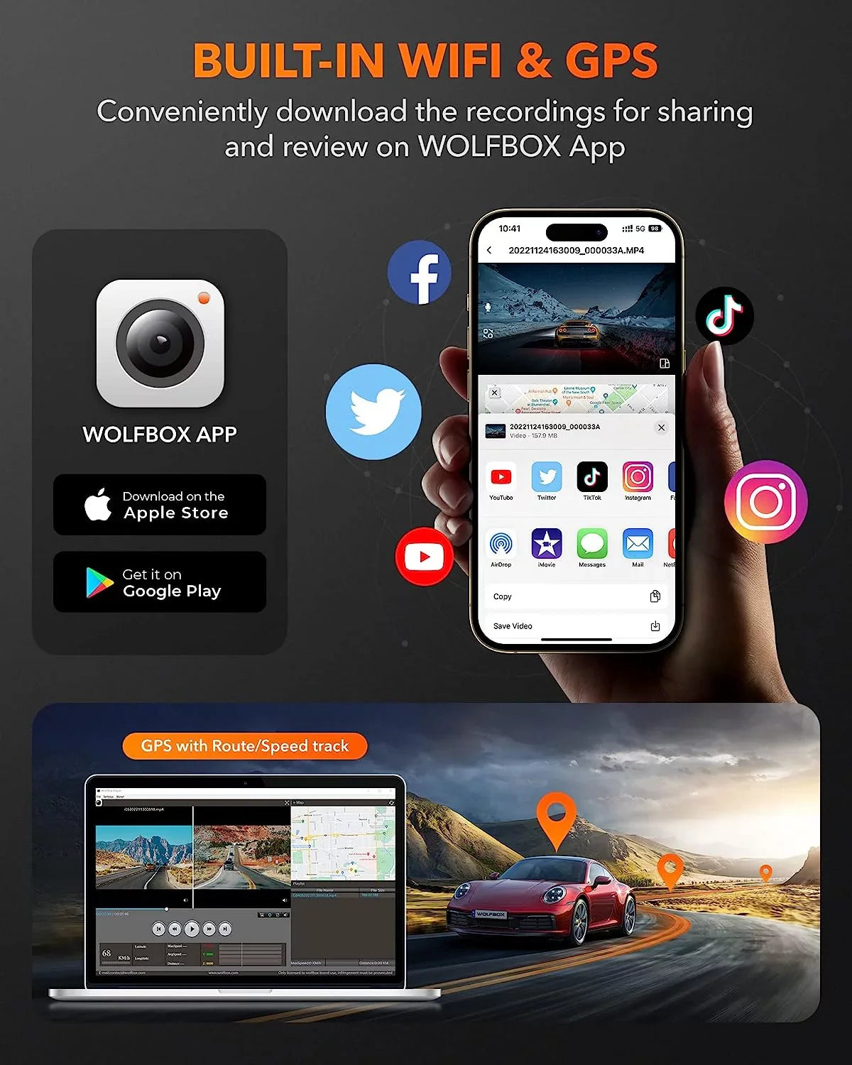 4K GPS Front Card, DashCam Front Rear, and Dashcam with Rear 32G Car 1080P Vision, Night WOLFBOX UHD Recording WDR, and WiFi, & Dash Free with Loop Cam