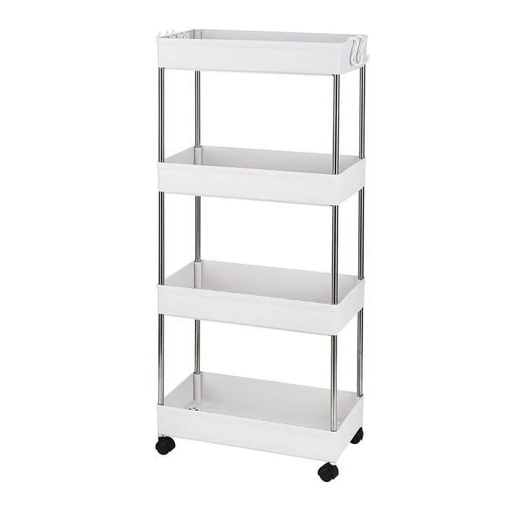 with 4 for Kitchen, Wheels, Storage Room, Plastic SYTHERS Steel, Bathroom, Cart White Stainless Utility Rolling with 4-Tier Laundry hooks, and Cart