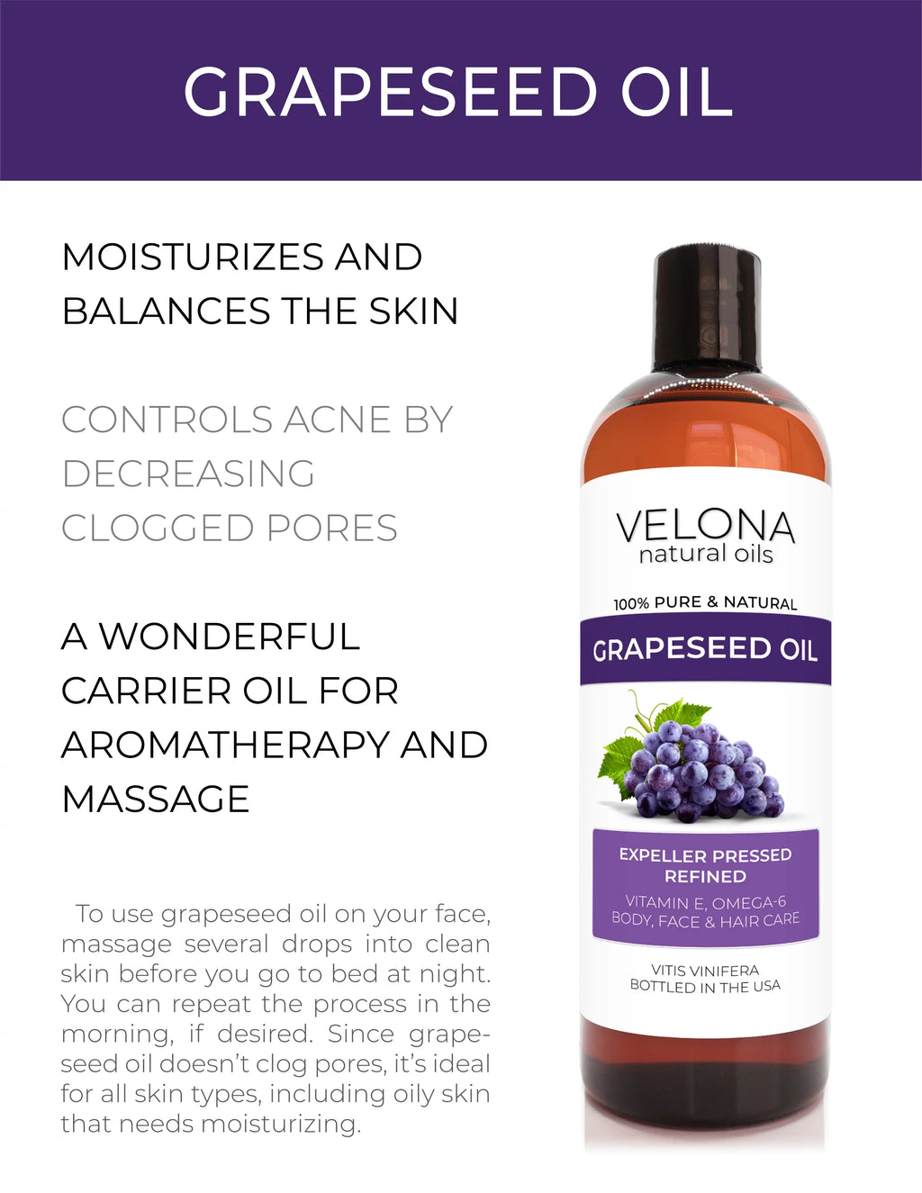 Refined, | | Pure Grapeseed and oz 32 Care Hair - Cold Natural Face, pressed Oil 100% Carrier | Cooking, Velona Skin, Body, Oil