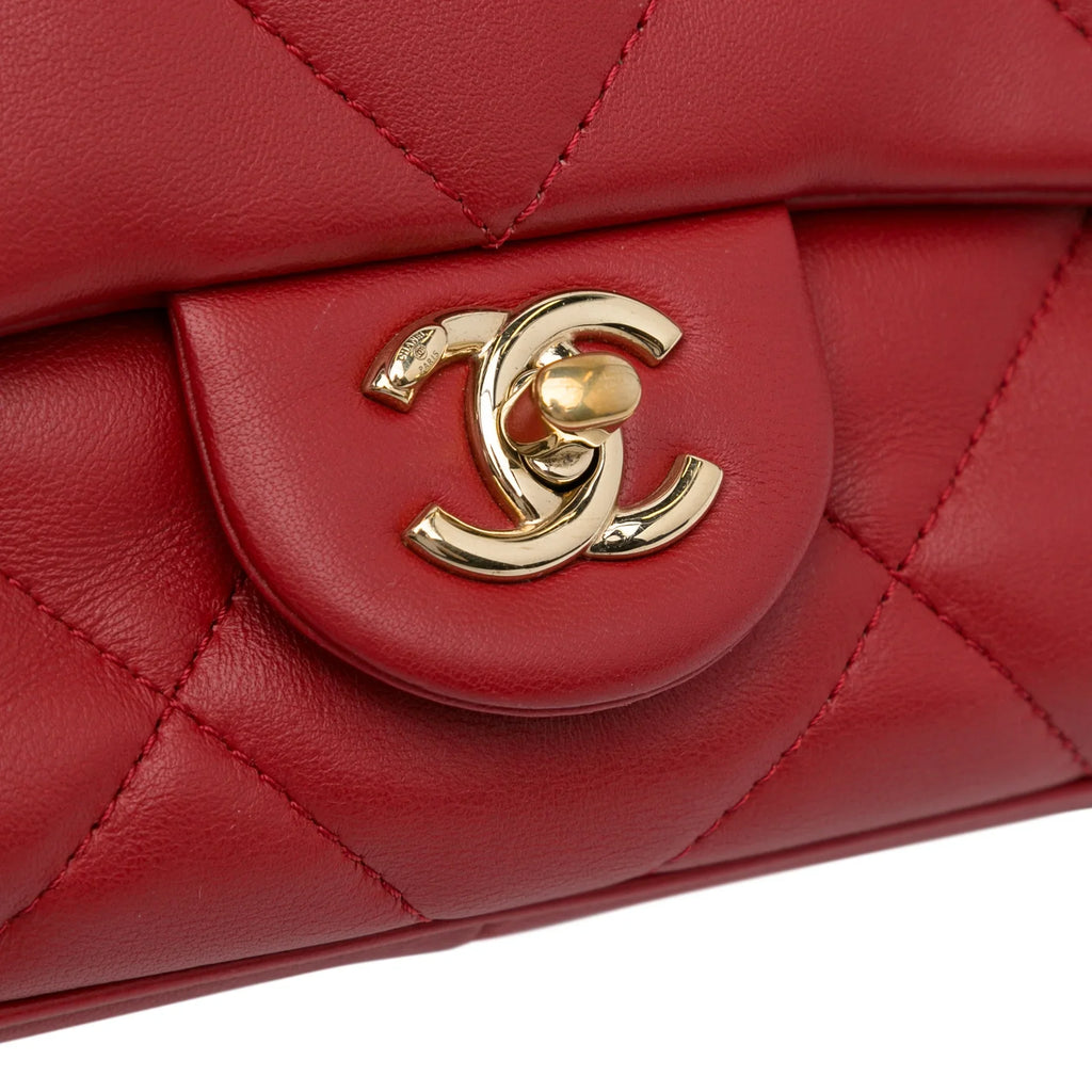 Lambskin Small (Good) Satchel Authenticated Red Flap Unisex Bag Chanel Leather Carry Easy Pre-Owned