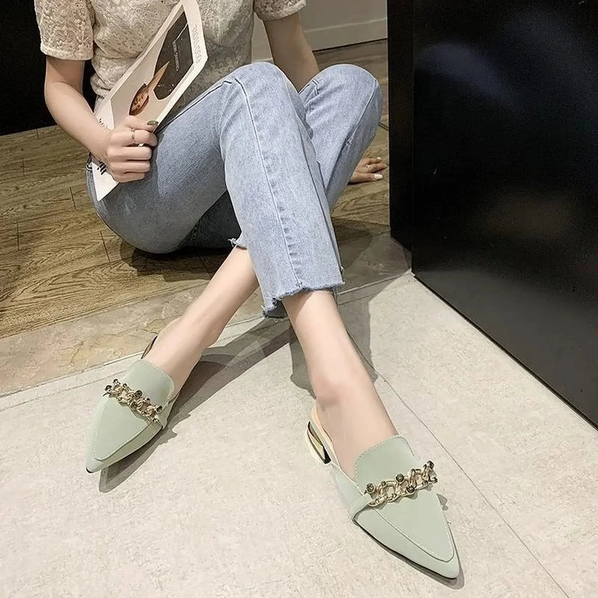 Summer Square Women Slides Square Ladies Toe 2023 black Luxury Mules Footwear Heels Slides Slippers Shoe Chain Shoes Fashion 37 Low
