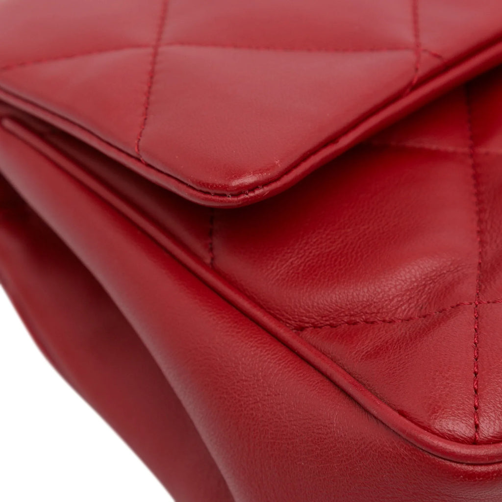 Lambskin Small (Good) Satchel Authenticated Red Flap Unisex Bag Chanel Leather Carry Easy Pre-Owned