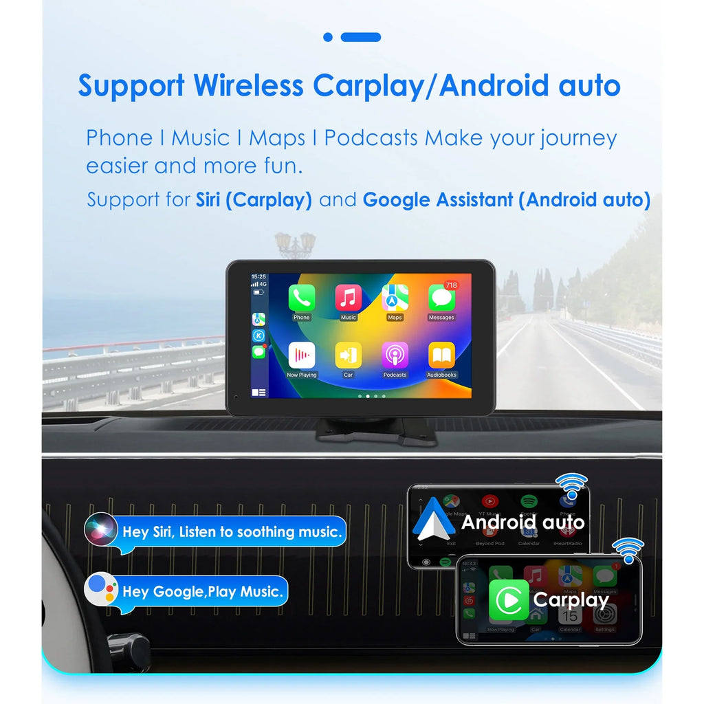 Adjustable 7" Radio 360° Auto GPS Bluetooth Android Car Camera Navigation Stereo Apple Unit Backup Carplay Link Touchscreen Mirror With Head Portable Player
