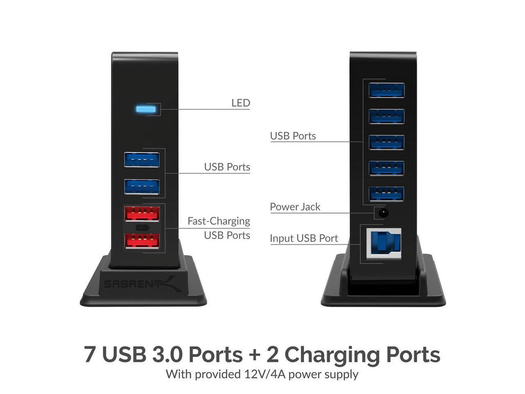 Ports + 3.0 Adapter 12V/4A [Black] Port SABRENT 2 Power (HB-U930) Charging USB 7 with HUB