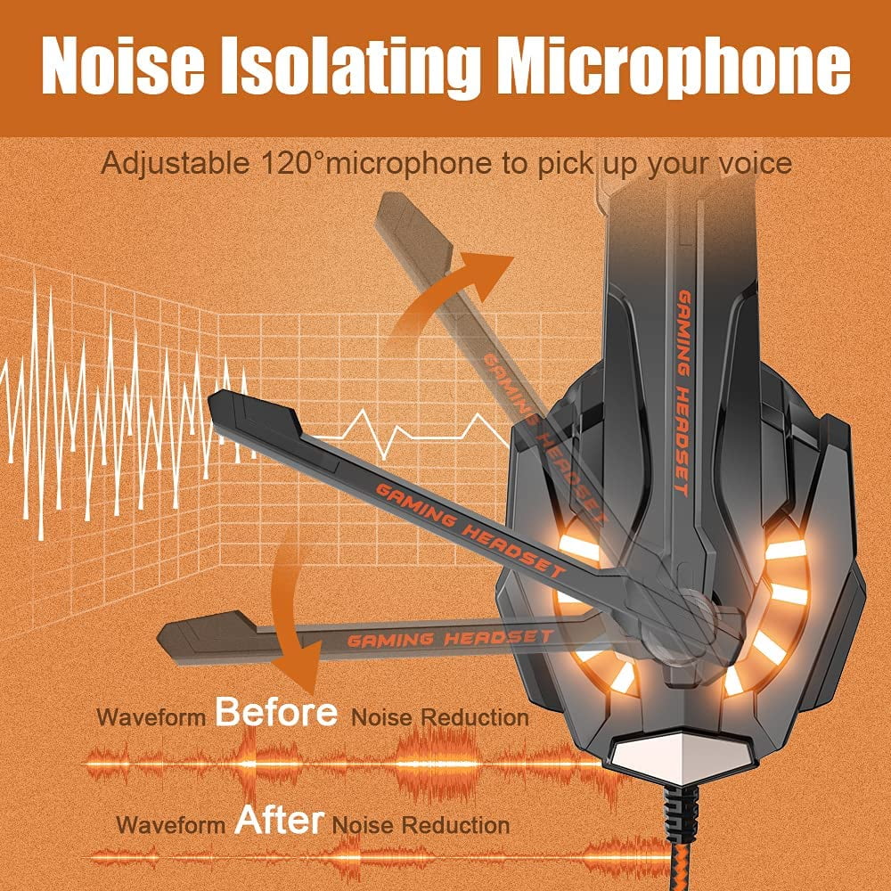 Earmuffs Mic, Cancelling LED G9000 Gaming One Over Light, Noise PS4, Headphones for Soft (Orange) Xbox Headset with Surround, Stereo Memory PC, BENGOO Bass Ear Controller,