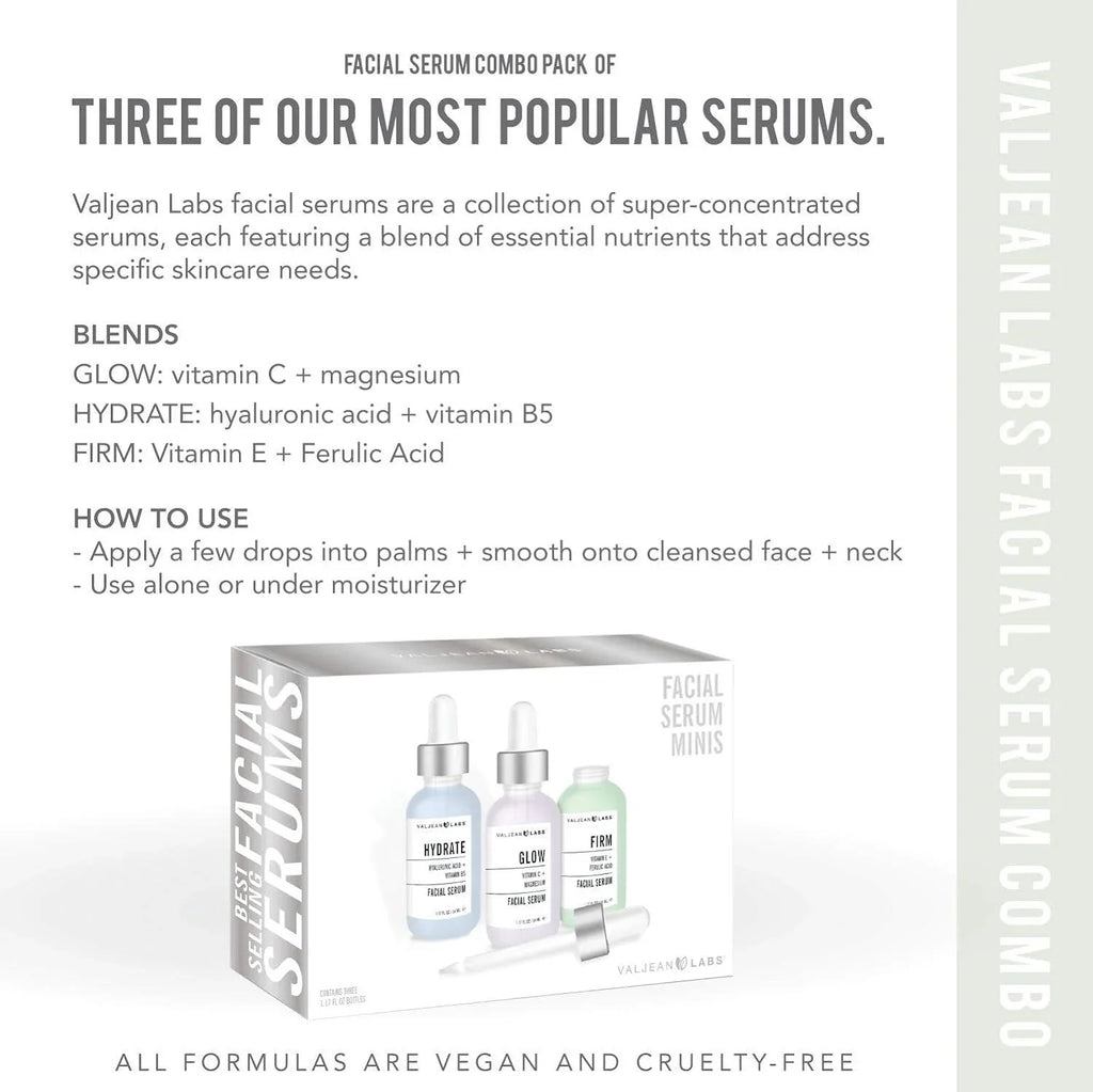 Pack Facial Labs Supercharged, and - Paraben Ingredients Firm Combo Serum, Cruelty Valjean of Skincare Bottles - Free, Glow, Free, Hydrate, Targeted 1oz