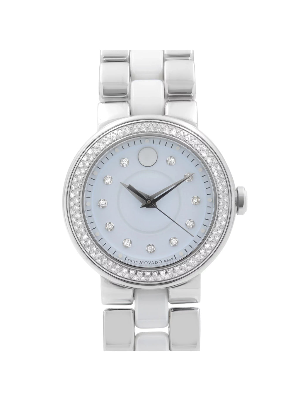 White Quartz Watch Cerena Movado Bezel Pre-Owned Diamond 28mm Ladies Steel Ceramic 0606931