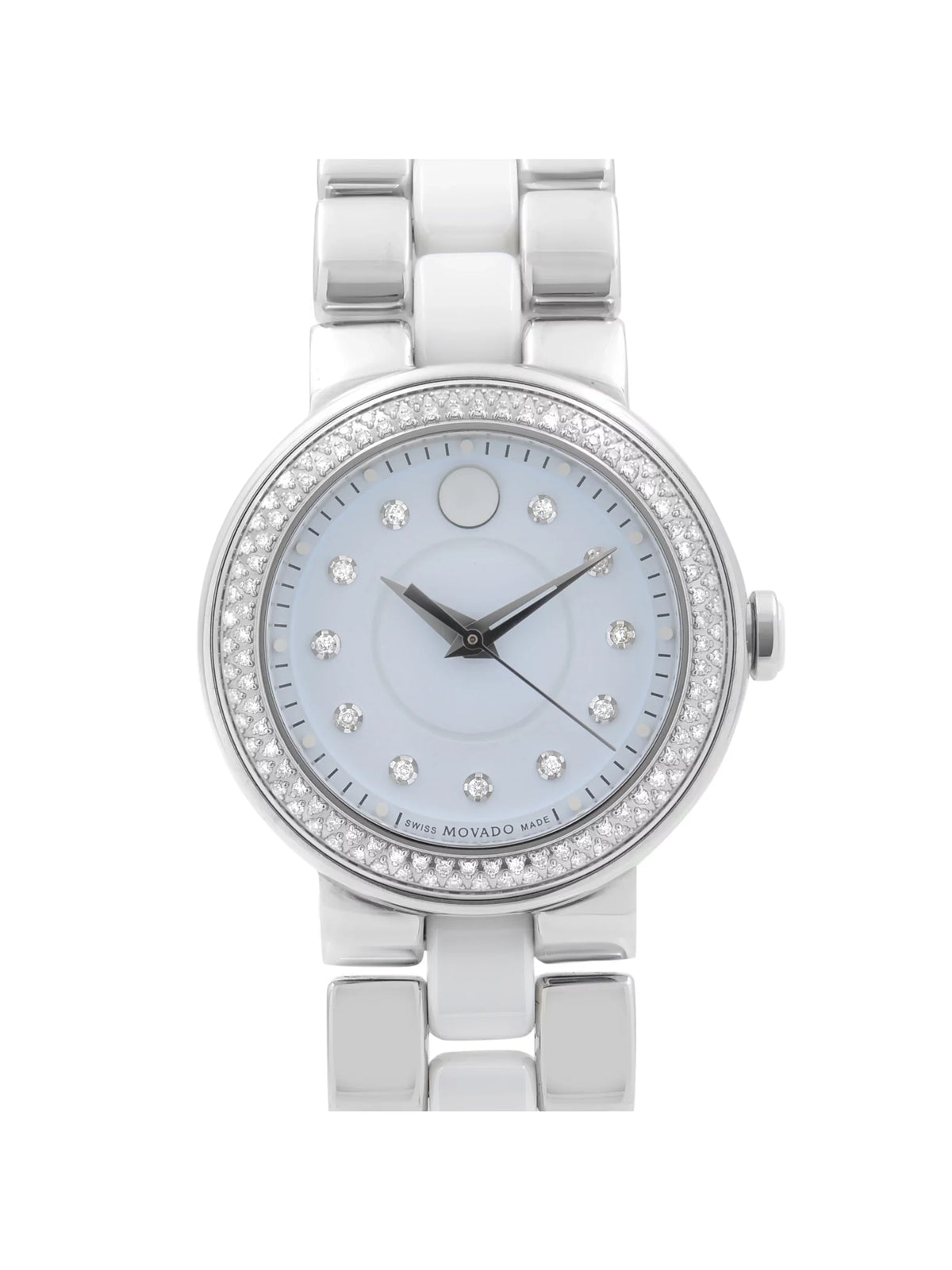 White Quartz Watch Cerena Movado Bezel Pre-Owned Diamond 28mm Ladies Steel Ceramic 0606931
