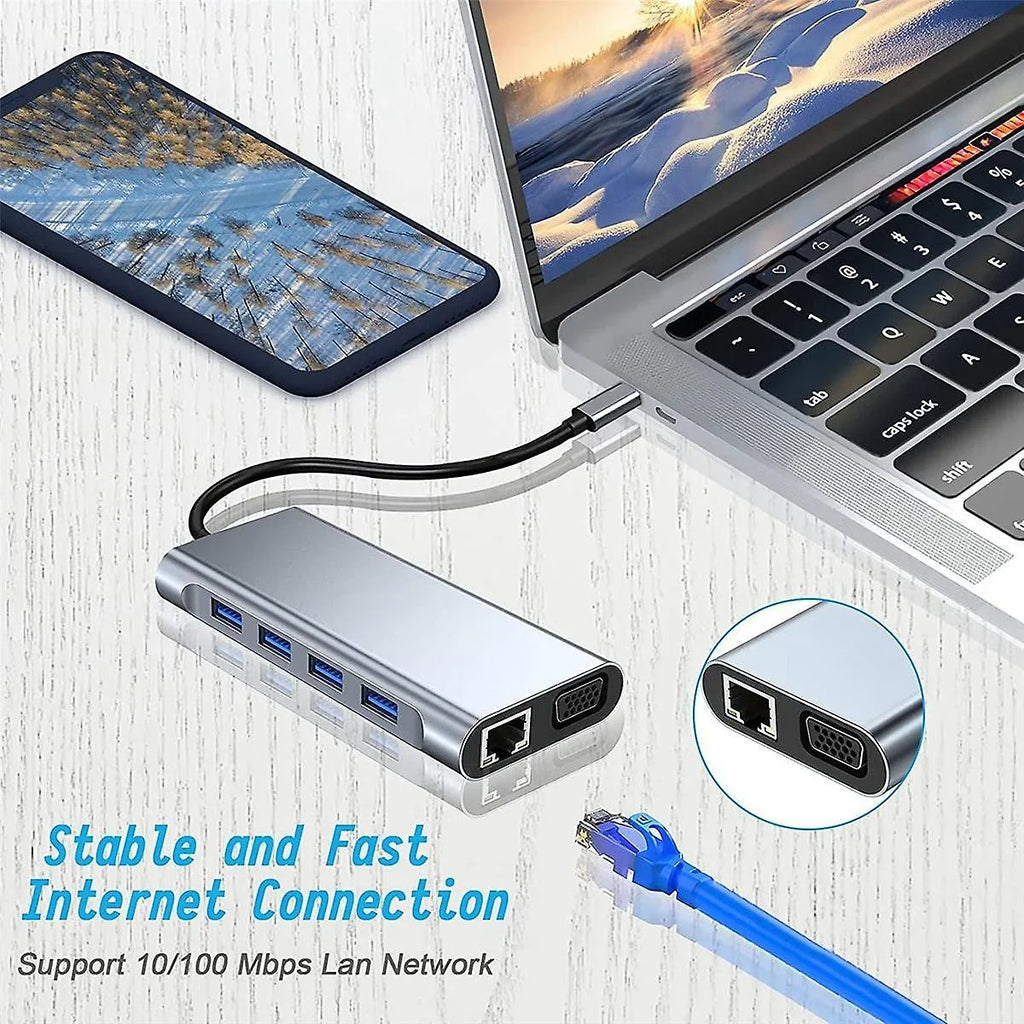 Pro,Air HDMI, USB Ports 4K Multi-Port PD100W 3.5mm Kidsol Station Docking 11-in-1 Gigabit A*4, VGA,Type-C Lenovo Laptop Dell MacBook LAN,SD,MicroSD,Compatible C HP with with Power,USB