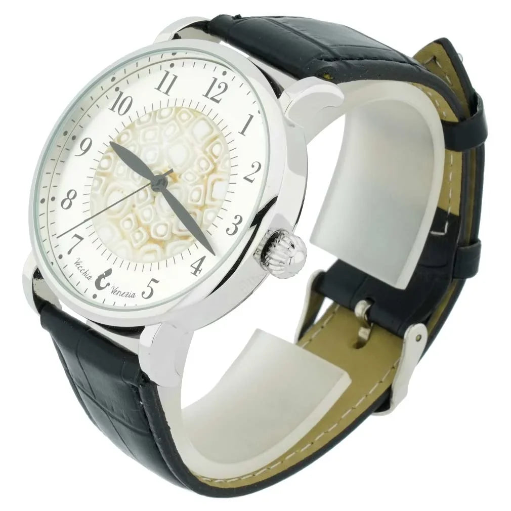 '- Men's GlassOfVenice Watch Band Black Millefiori Leather White and With Murano Glass
