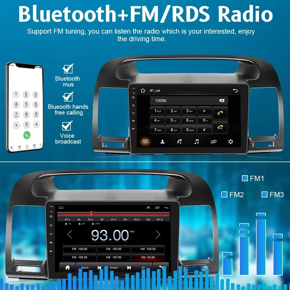 Car Wireless Bluetooth Carplay Auto Android 2+64G Stereo Podofo AHD Android 13 FM Camry WIFI Hifi, Radio Camera Toyota Touch GPS Backup Link 2000-2003 9'' for Screen Mirror