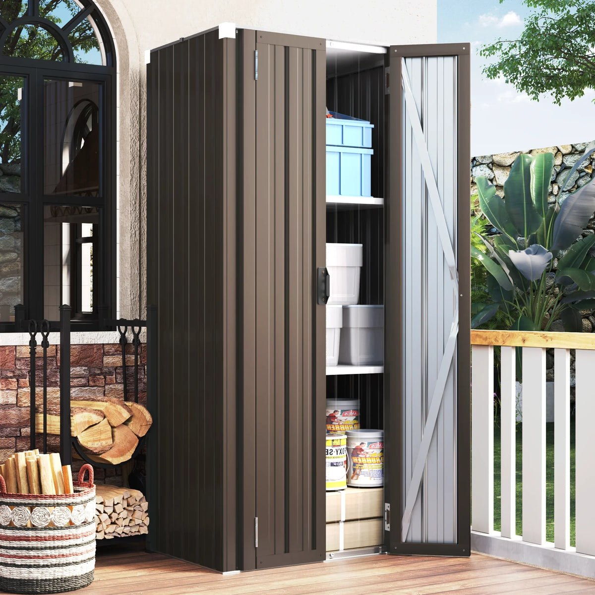 and Garden Garage& Shelves with Metal 70" YODOLLA Brown for Storage in Cabinet Organizer Storage Shed Indoor Doors Outdoor/