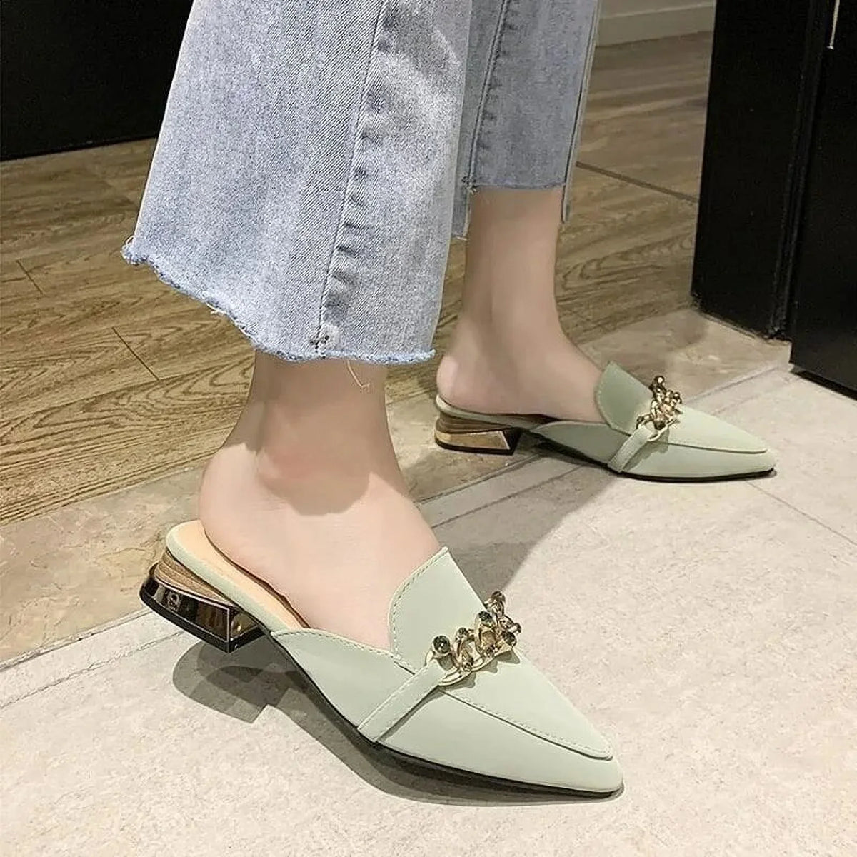 Summer Square Women Slides Square Ladies Toe 2023 black Luxury Mules Footwear Heels Slides Slippers Shoe Chain Shoes Fashion 37 Low