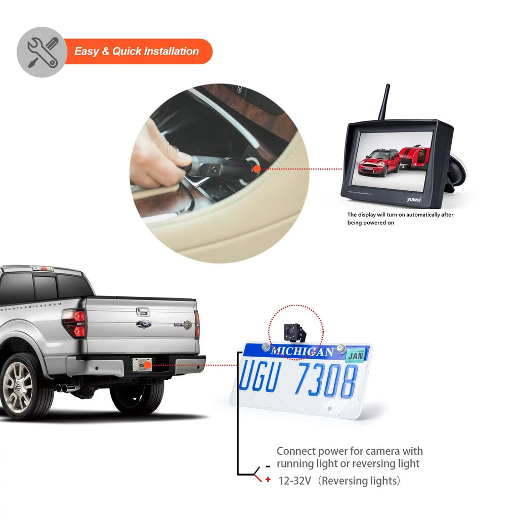 Camera Camera Plate Universal View Nightvision YW95319 System Backup with 4.3 inch Yuwei Monitor Wireless License and Rear