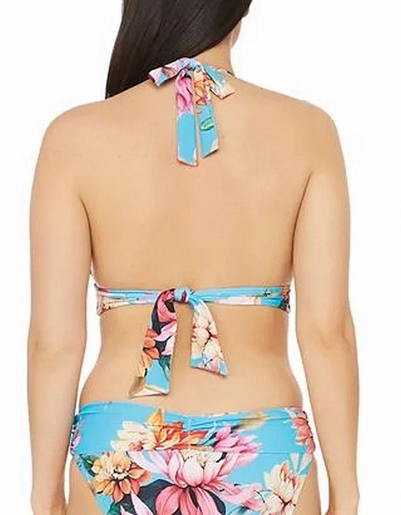 Top Print Halter Blue Tie LA Women's Molded Tropical BLANCA Cup Shirring Swimsuit 4 Sweetheart